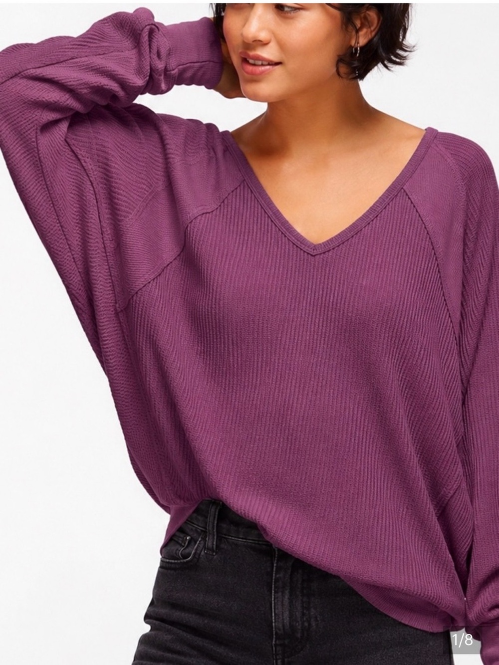 Free People Santa Clara Thermal Top Sz XS Mulberry Oversized V Neck Waffle Knit